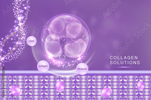 Hyaluronic acid skin solutions ad, purple collagen serum drop with cosmetic advertising background ready to use, illustration vector. 