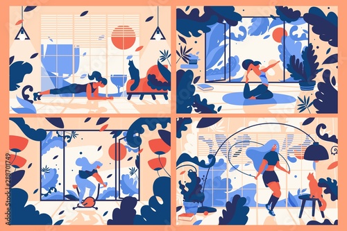 Concept scenes with young woman training at home. Interiors full of leaves and floral elements. Bright flat illustrations for indoor home or garage gym drawn with bright blue and orange colors