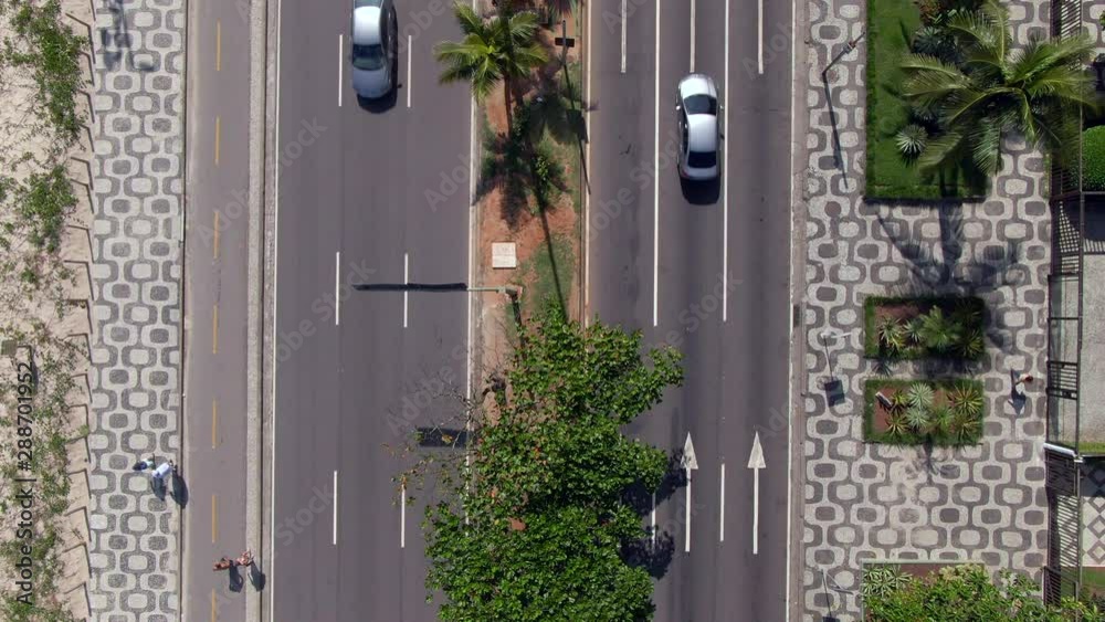 Rio de Janeiro, Brazil, aerial top down view of Ipanema neighbourhood streets and mosaic sidewalks.