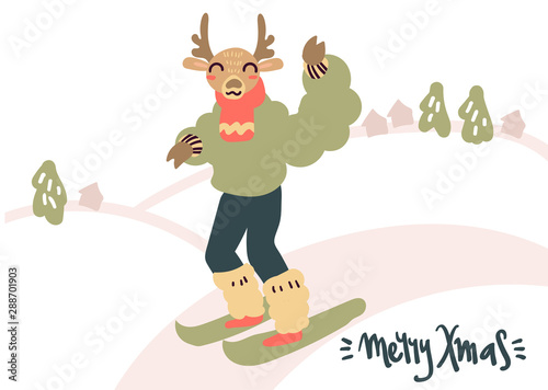 Flat style cartoon cute character deer dressed in warm clothes skiing in the mountains. Outdoor winter activity, Merry Christmas card. Hand drawn vector illustration.