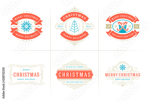 Christmas vector typography ornate labels and badges, happy new year and winter holidays wishes for greeting card