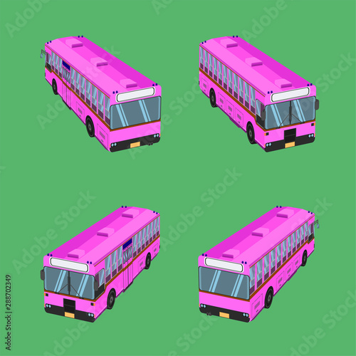 3d top view thai pink bus transport car vehicle driver fare passenger autobus omnibus coach rail bench chair stool armchair seat mattress bolster hassock pad vector illustration eps10