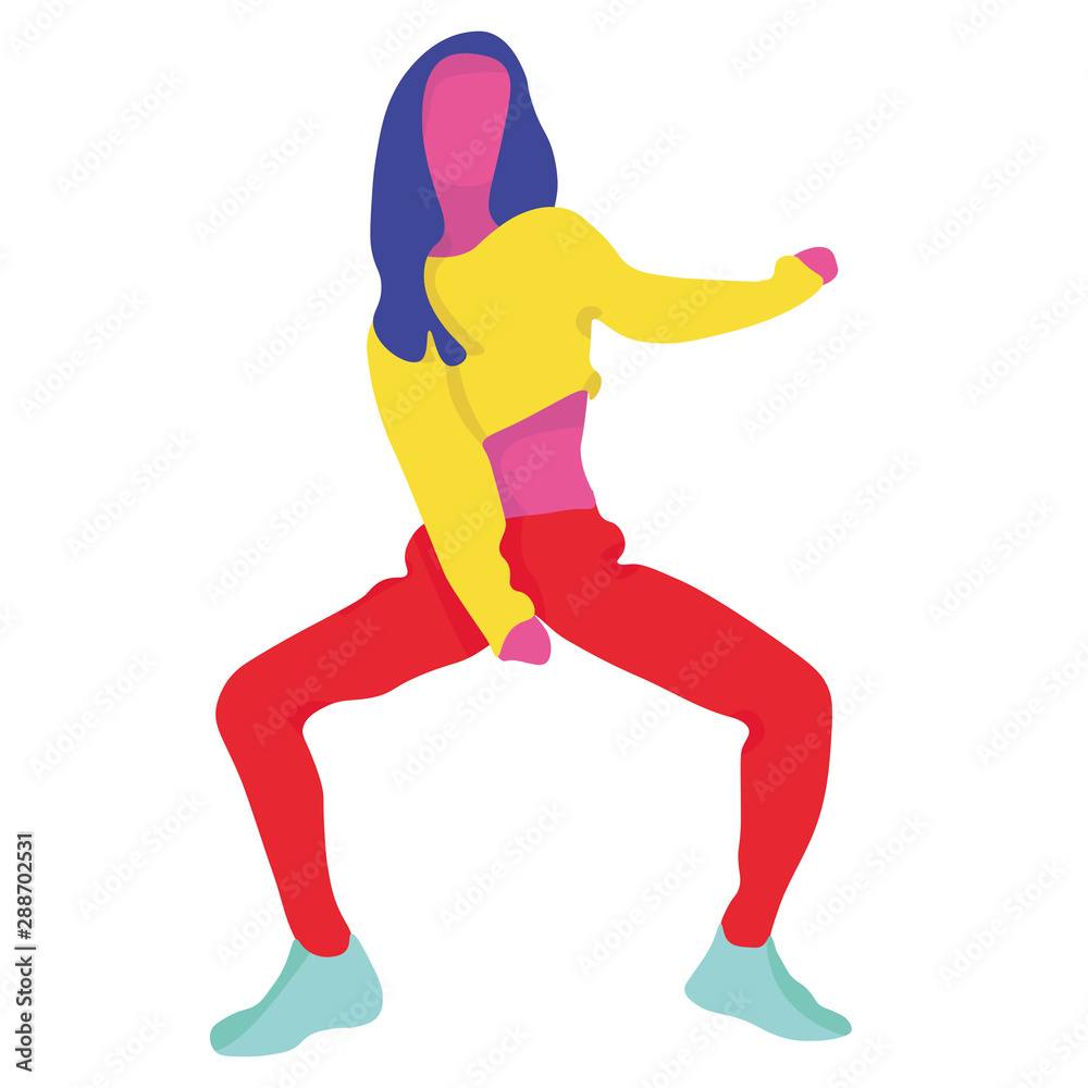 Girl in flat-style vigorously dancing. In motion. Bright and active vector illustration. Girl in flat-style vigorously dancing. In motion. Bright and active vector illustration.