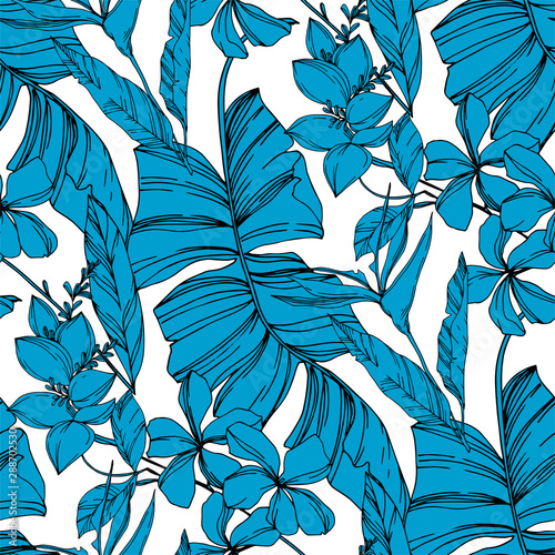 Vector Palm beach tree leaves jungle botanical plant. Black and white engraved ink art. Seamless background pattern.
