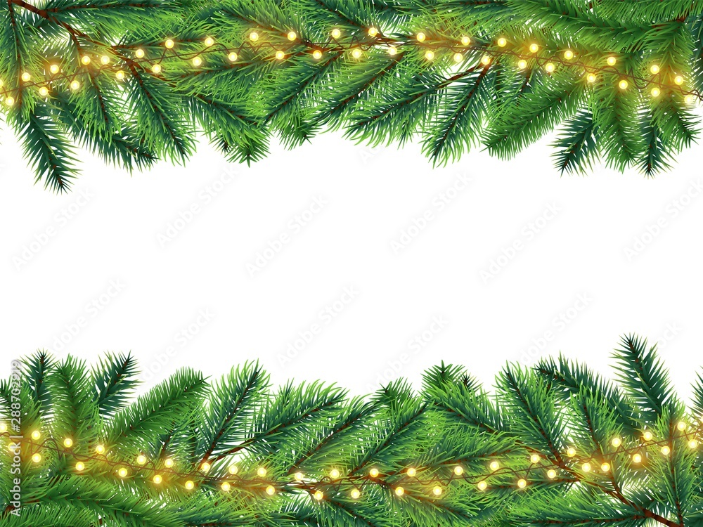 Holidays background with realistic fir branches and lights garland. Celebration border festive merry christmas with glitter illustration vector