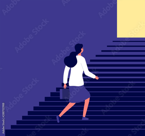 Businesswoman walking up stairs. Successful business pathway career, progression steps planning, female career growth vector. Businesswoman walking to achievement career, step success way illustration