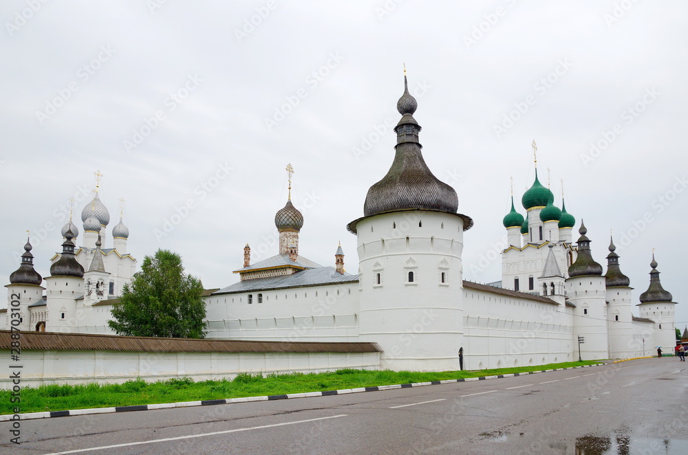 Temples and towers of the Rostov Kremlin. Rostov Veliky, Yaroslavl region, Russia. Golden ring of Russia