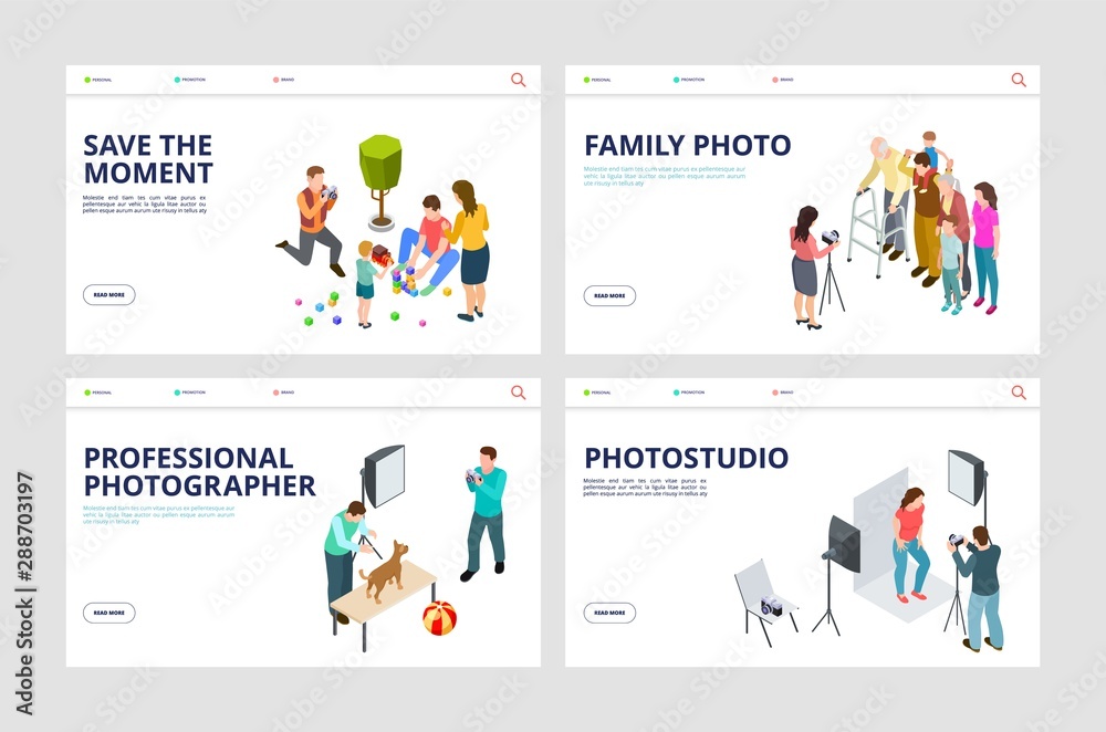 Photo shoot landing pages. Isometric professional photographer, family, pets. Vector photo studio web pages. Illustration photography shoot, photographer web site homepage