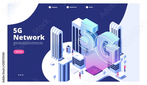 5g network concept. City with 5G wireless Internet landing page. Illustration fifth generation web connect signal