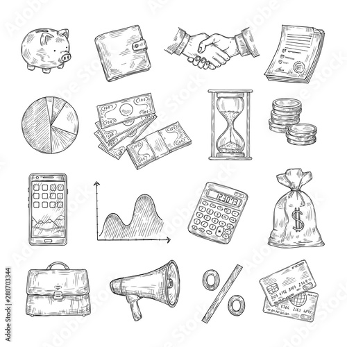 Sketch finance. Hand drawn money coin pile financial charts piggy bank credit card dollar vintage banking business vector doodle icons. Illustration money and finance sketch, chart benefit outline