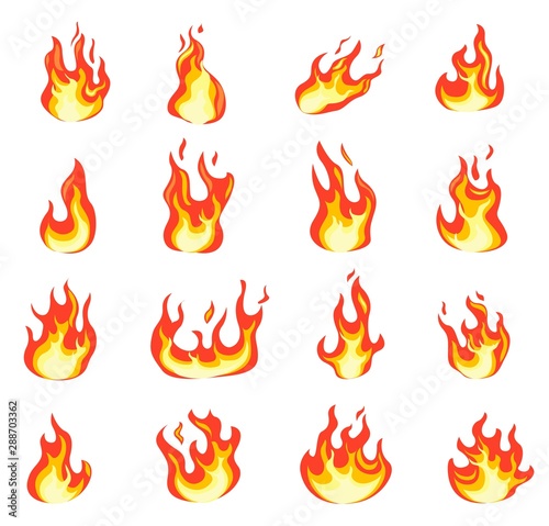 Cartoon fire flame. Fires comic images, bonfire flaming ignition, evil hell blaze. Hot temperature and fever icons flat vector set. Illustration hot flame, burn bonfire, flammable animation