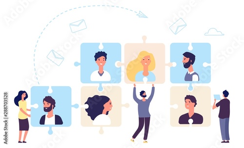 HR concept. Teamwork, business team making. Recruiting vector illustration with tiny flat people characters and puzzle with employees. Hr and recruitment, management select personnel