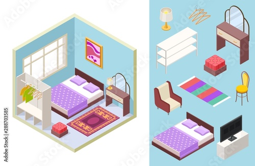 Bedroom isometric. Vector bed, lamp, chair, bookshelf, pillows. Isometric furniture set. Illustration bedroom with table and chair, armchair and bed