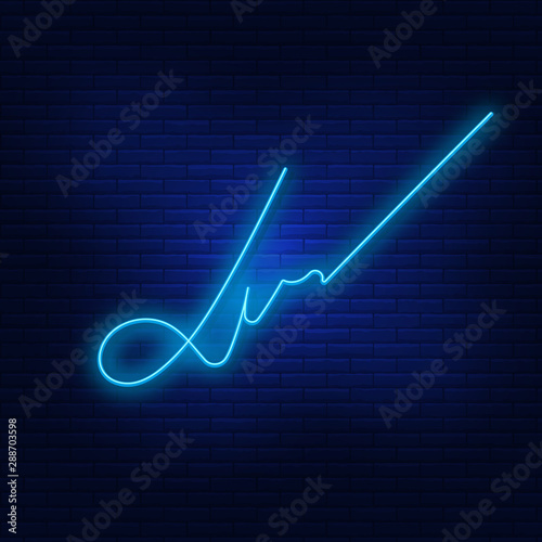 Neon lights signature. Bright is painting. Modern vector logo, banner, shield, picture painting, autograph. Night advertising on the background of a brick wall.