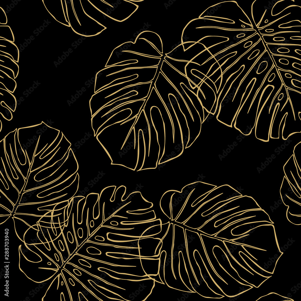 Fototapeta Golden leaves of a plant Monstera on a black background. Vector seamless pattern.