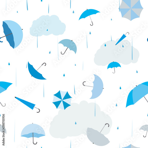 Umbrellas, clouds and rain. Vector seamless pattern in blue.