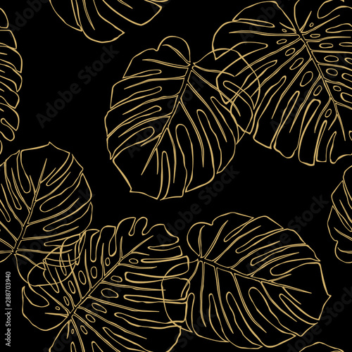Golden leaves of a plant Monstera on a black background. Vector seamless pattern.