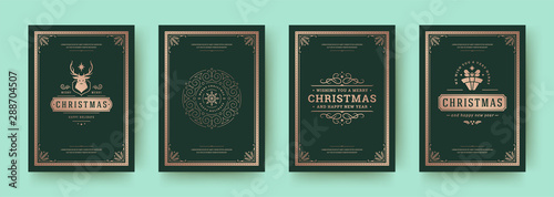 Christmas greeting cards vintage design, ornate decoration symbols and winter holidays wishes vector illustration