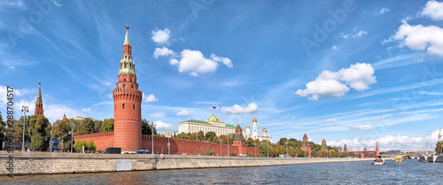 moscow city russia kremlin architecture famous landmark panorama wide river view of russian capital red wall and tower buildings historical town center skyline against dramatic sky clouds background