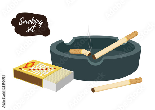 Vector smoking set - ashtray with cigarette butts, matchbox