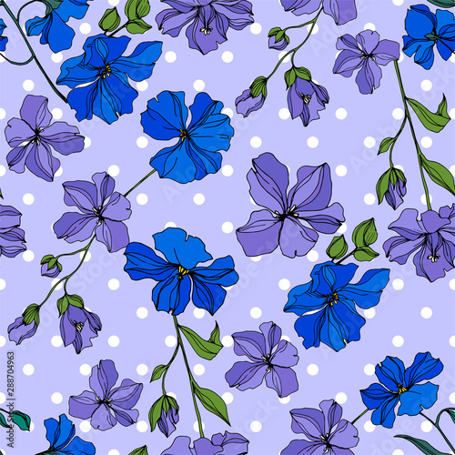 Vector Flax floral botanical flowers. Black and white engraved ink art. Seamless background pattern.