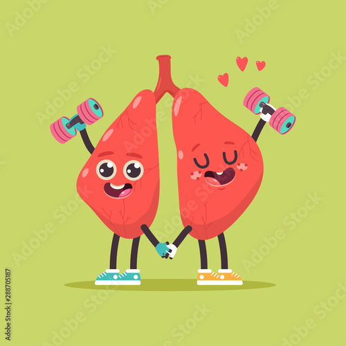 Cute lungs with dumbbells doing fitness exercises. Vector cartoon human internal organ character isolated on background.