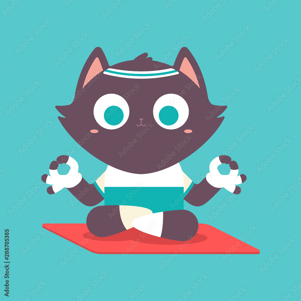 Obraz Cute cat kid in yoga pose. Funny vector cartoon pet character in lotus poses isolated on a background.