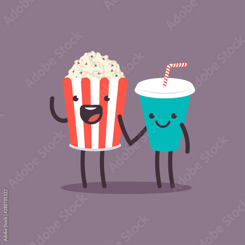 Funny popcorn and soda characters. Best friend vector cartoon concept illustration.