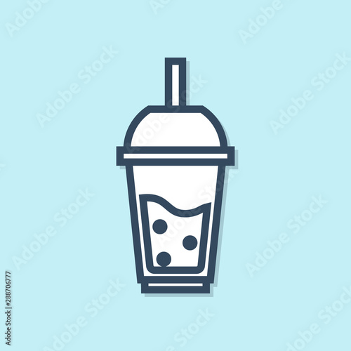 Blue line Glass of lemonade with drinking straw icon isolated on blue background. Vector Illustration