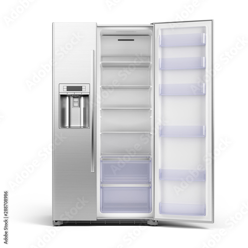 Wallpaper Mural Modern side by side Stainless Steel Refrigerator. Fridge Freezer with open door isolated on white Background. 3d rendering Torontodigital.ca