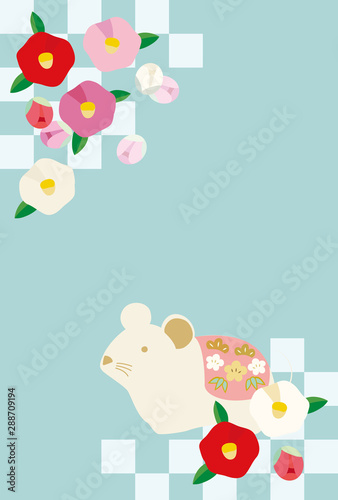 ネズミと椿の花の年賀状イラスト