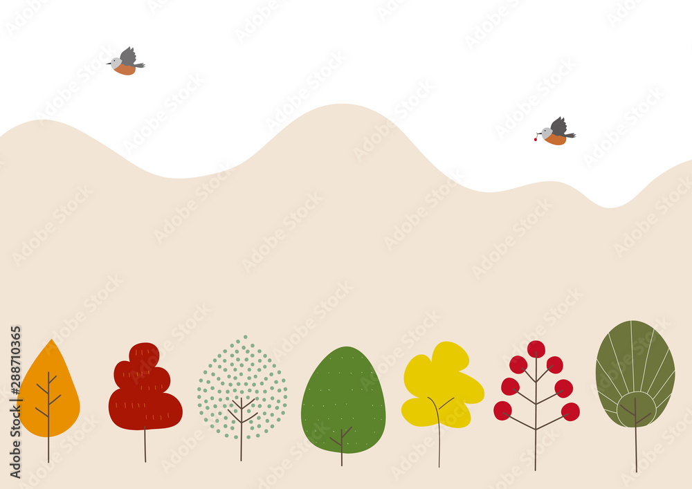 秋色の並木と小鳥のイラスト