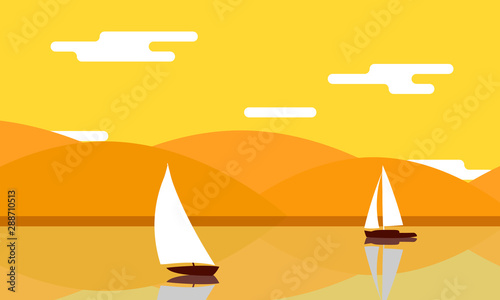 The mountains landscape and the sailboats on the water flat vector illustration.
