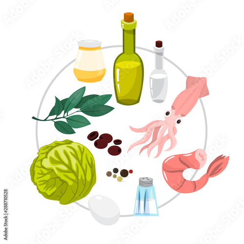 Tasty seafood salad recipe ingredients. Cooking at home.
