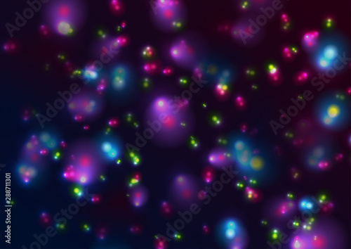 Blue, purple and green shiny bokeh particles abstract glowing background. Vector neon design