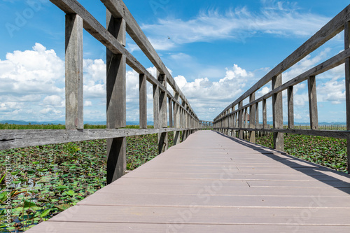 Wooden bridge over a lake with blue sky in Sam Roi Yod National Park, Prachuap Khiri Khan, Thailand