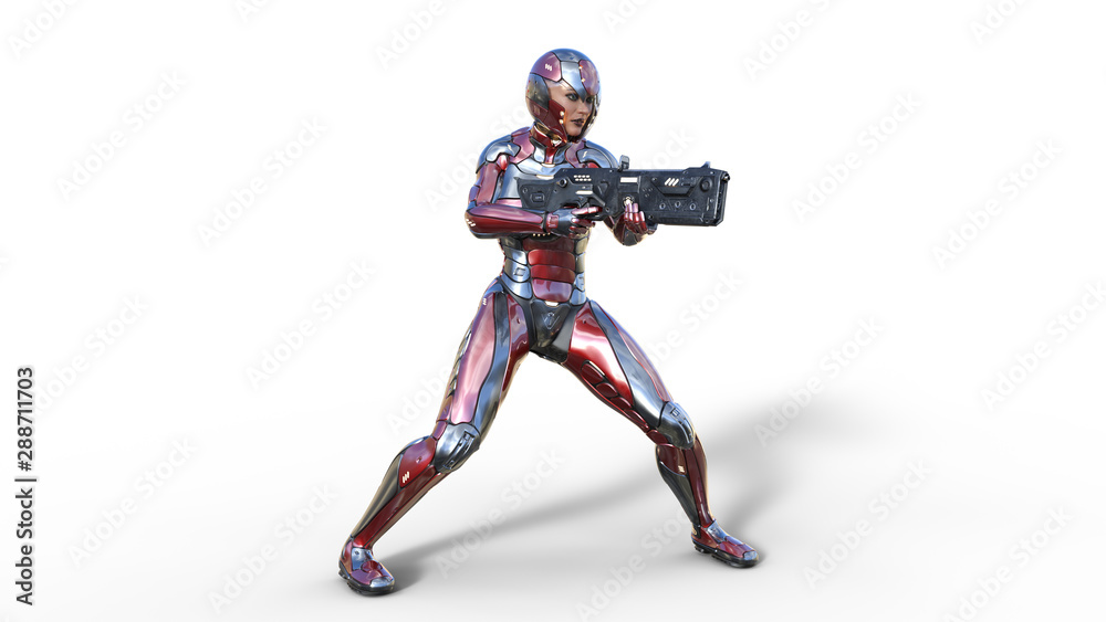 Futuristic android soldier woman in bulletproof armor vest, military cyborg girl armed with sci-fi rifle gun shooting on white background, 3D rendering Futuristic android soldier woman in bulletproof armor vest, military cyborg girl armed with sci-fi rifle gun shooting on white background, 3D rendering