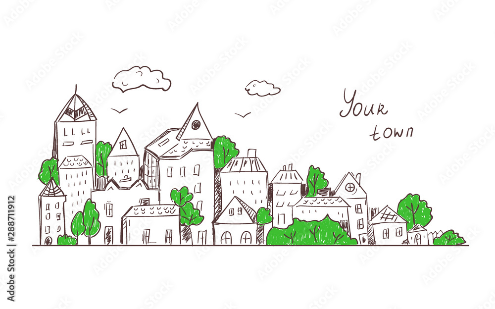 Town or city sketch - vector graphic illustration