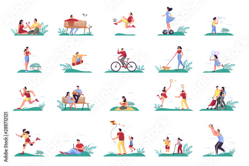 People in the park set. Man and woman spend time