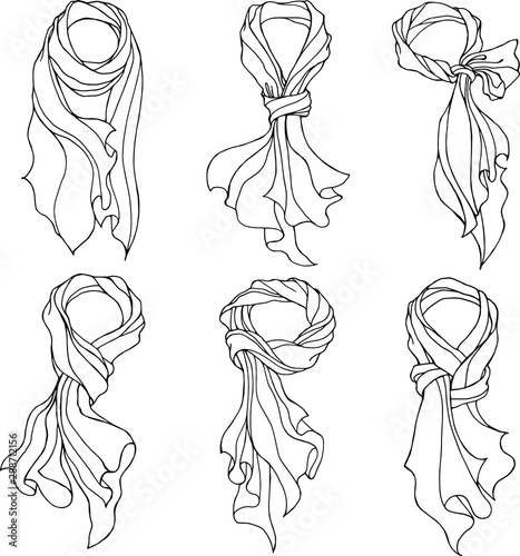 Vector set with hand drawn linear silk scarves in different way to tie.