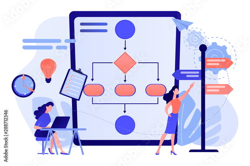 Business analyst with laptop, idea lightbulb and waymark. Decision management, enterprise analysis, decision IT tool and decision system concept. Living coral blue vector isolated illustration