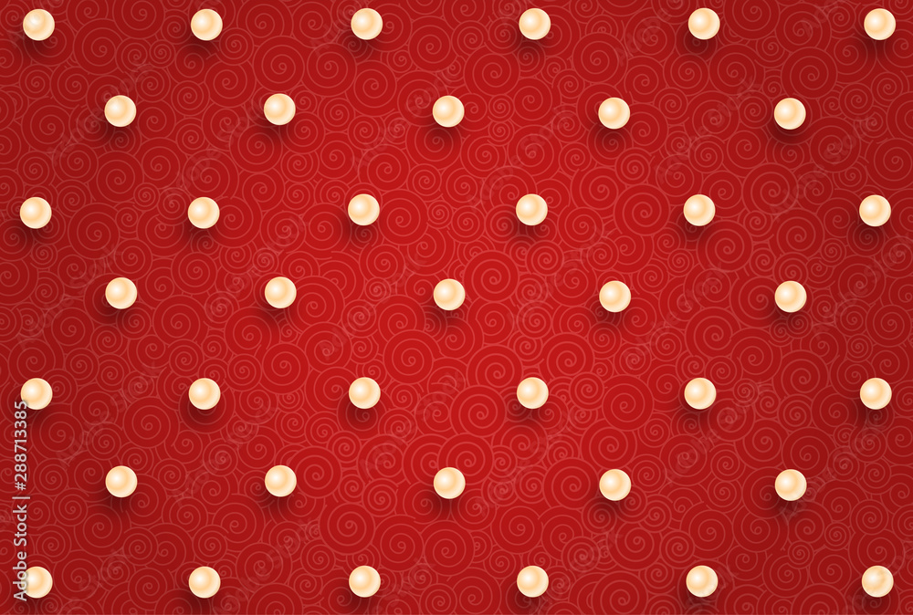 White pearls on a red-pink background with whirlpool patterns. Free space. Greeting card. Chinese motifs. White pearls on a red-pink background with whirlpool patterns. Free space. Greeting card. Chinese motifs.