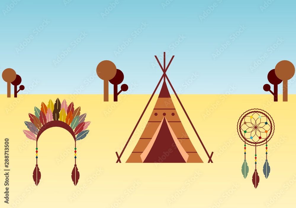 Fototapeta premium Native American themed illustration with wigwam, dream catcher and headdress. Native American culture concept. Artwork with ethnic design elements. Landscape.Vector illustration, flat style, clip art.
