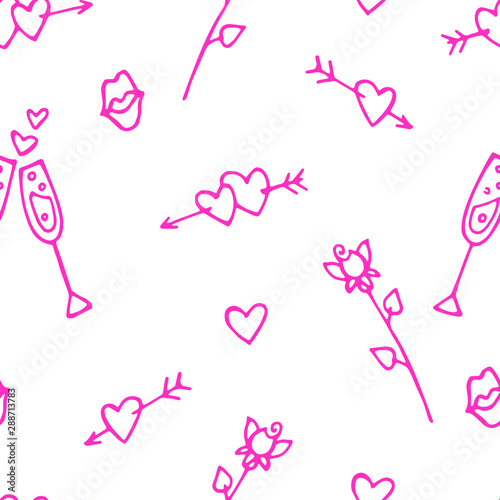 Vector simple pretty seamles with hand drawn pink objects about romantic love: hearts, roses, champagne. Saint valentine or wedding design 