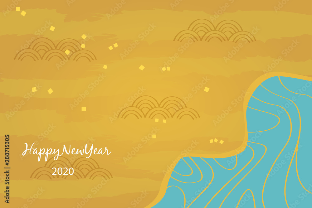 Happy new year 2020. Abstract golden background with flowing water patterns