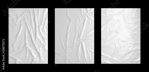 Glossy white wrinkled paste poster template set. Isolated glued paper or fabric mockup.