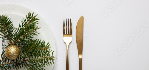 Fir tree twig on white set of dishes, white background