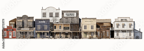 Front wide view of an old rustic antique western town with various business on an Isolated white background. 3d rendering