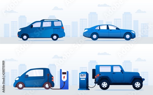 Electric vs Gasoline Cars at Station on Street Set