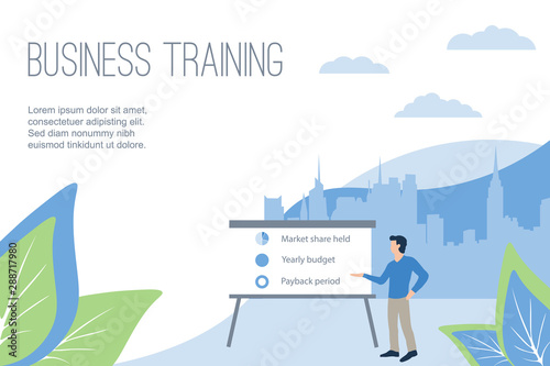 A coach conducts business training  shows a presentation on a board. Background of leaves and city buildings. Vector template for landing page  banner  business card or flyer in a flat style.